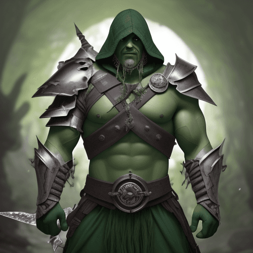 AI generated: Crear una imagen con cuatro personajes de ficción en un ambiente fantástico:

    Orco de 2 metros a...