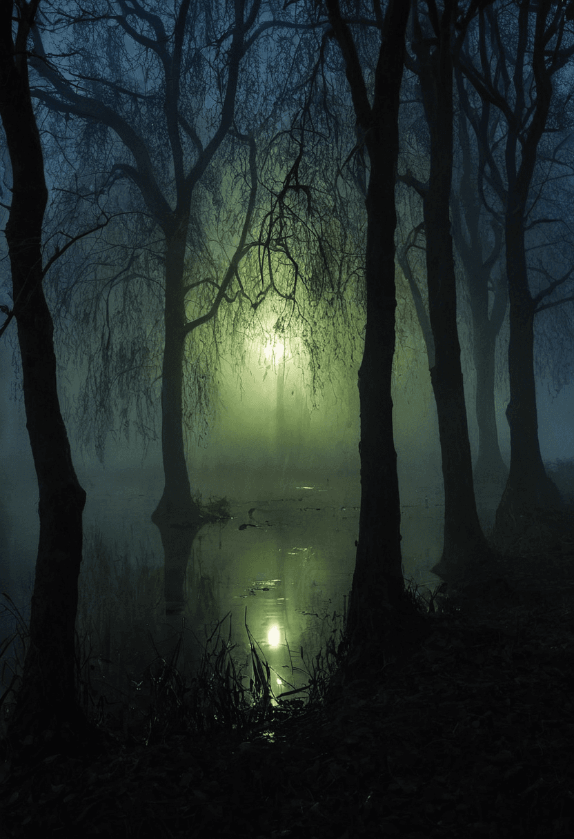 AI generated: A dense, shadowy forest at the edge of a mist-shrouded willow grove, where the light from an unseen ...
