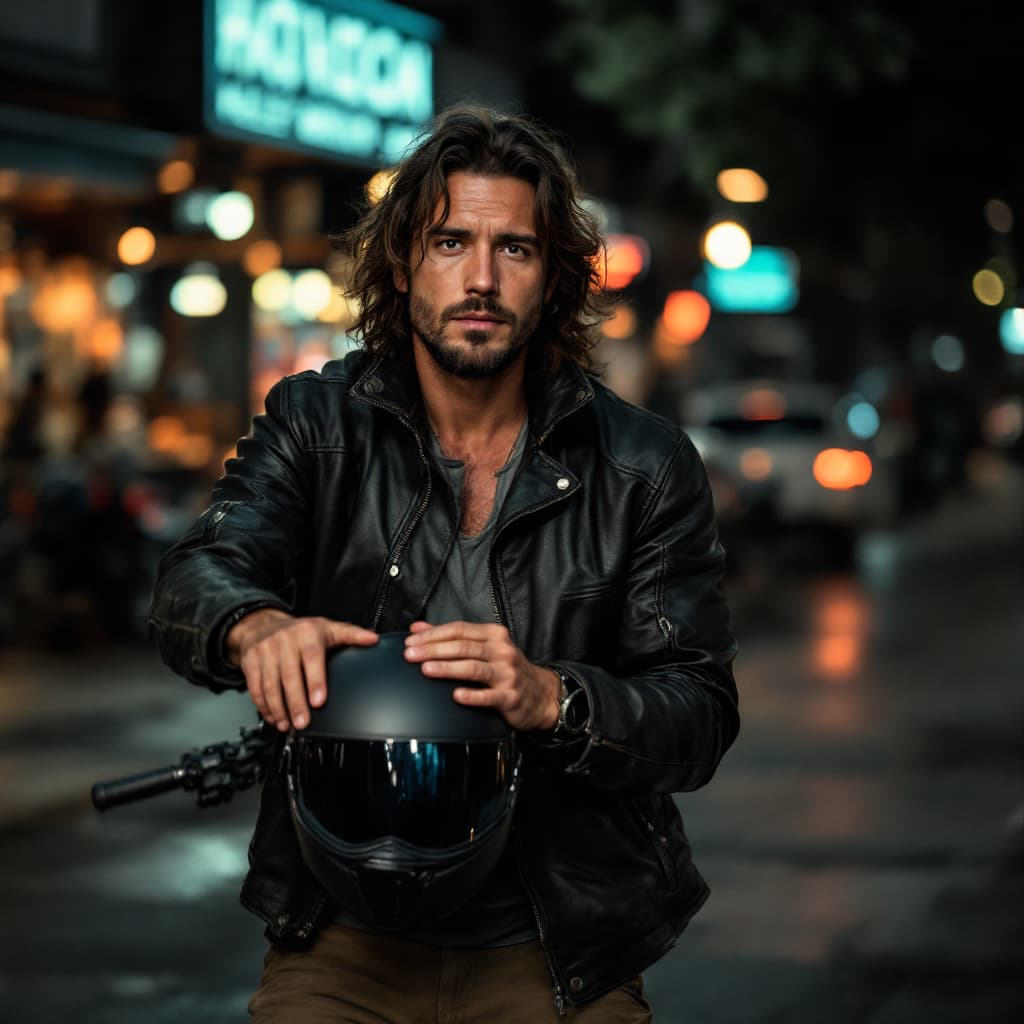 AI generated: photo of a middle-aged colombian long hair, 24 years old man, full body, wearing worn-out:1.2 leathe...