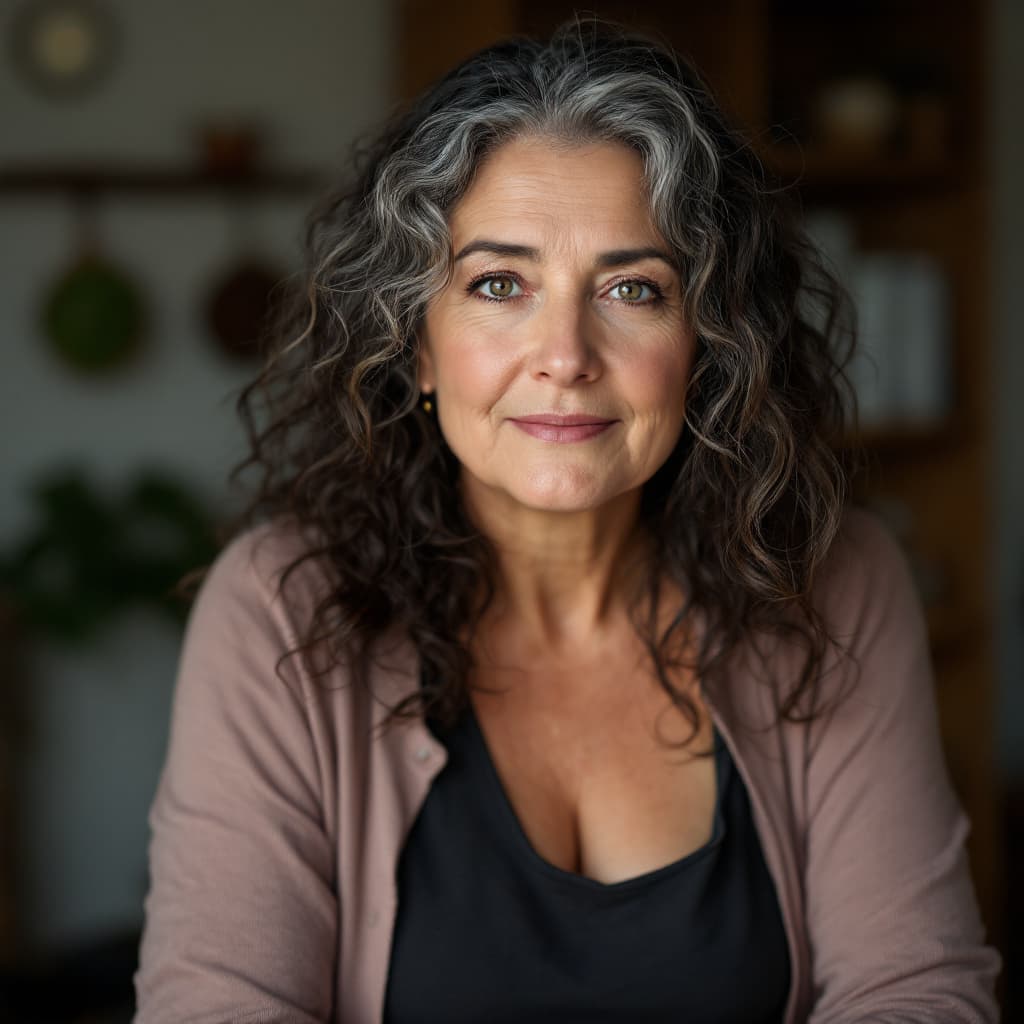 AI generated: Realistic studio photo of a 43 year-old woman, Jewish features mature, Soft wrinkles around the eyes...