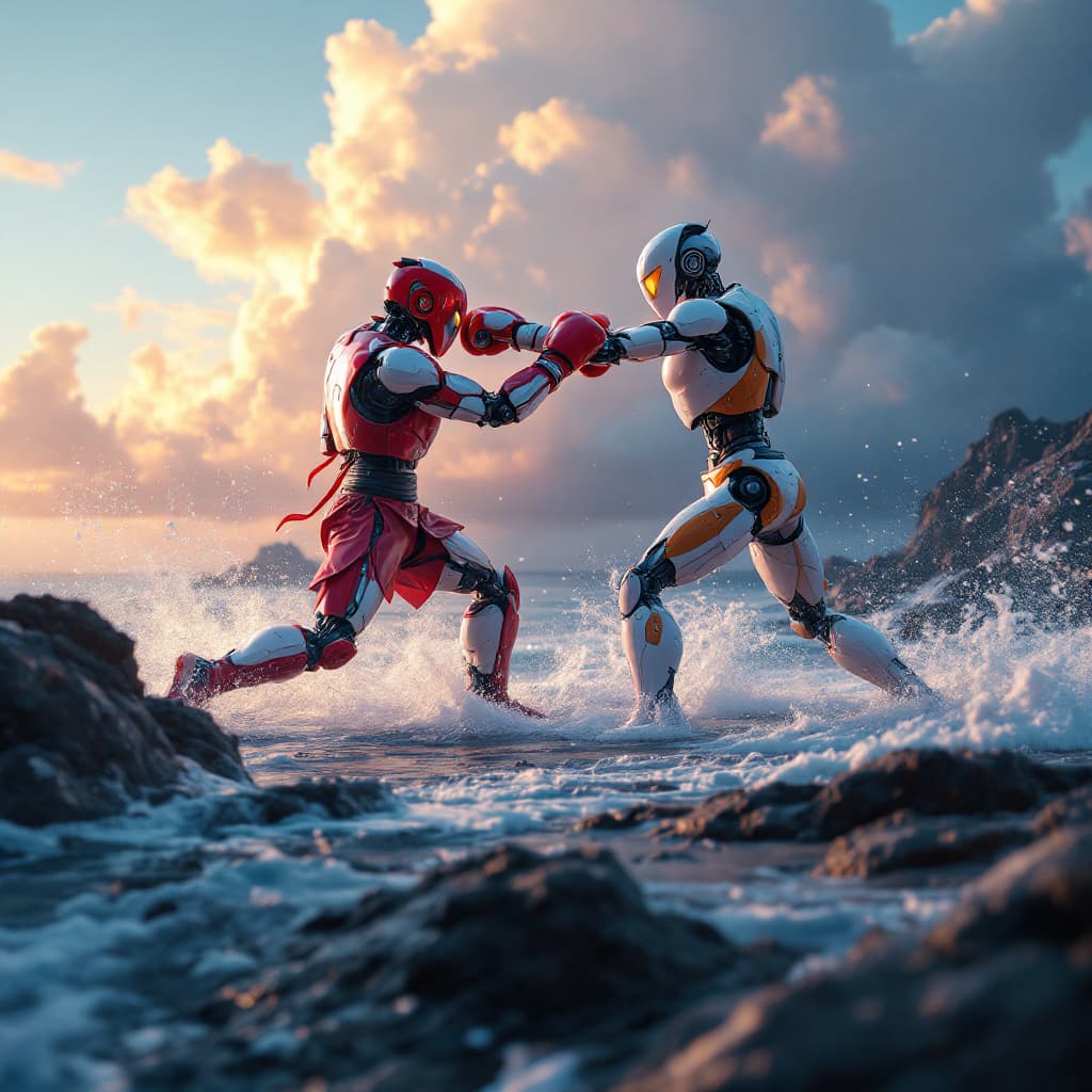 AI generated: two robot thai boxer in a remote island fighting each other --v 6