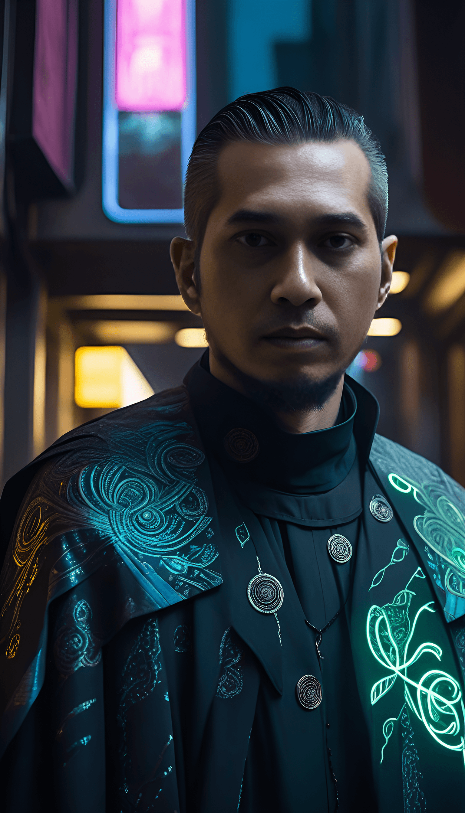 AI generated: In the chilling dystopian cityscape of a Cyberpunk future, a man with a commanding presence, dons an...