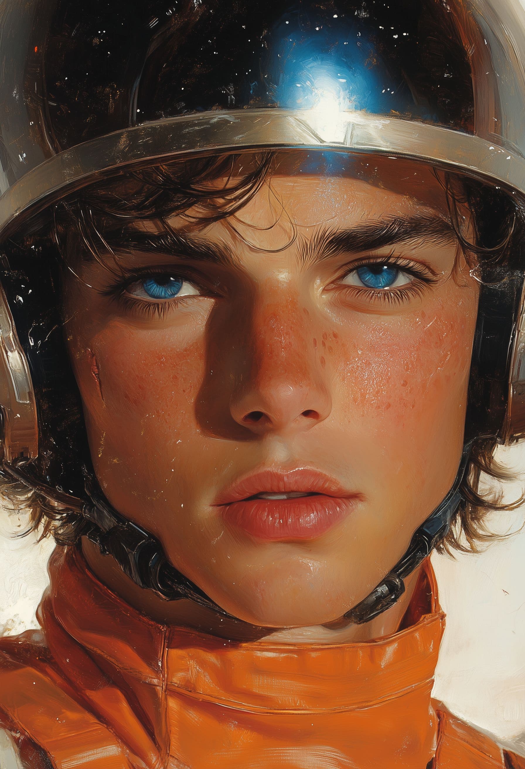 AI generated: A space opera male character portrait of an engineer with a helmet and visor, a blue eye on the righ...
