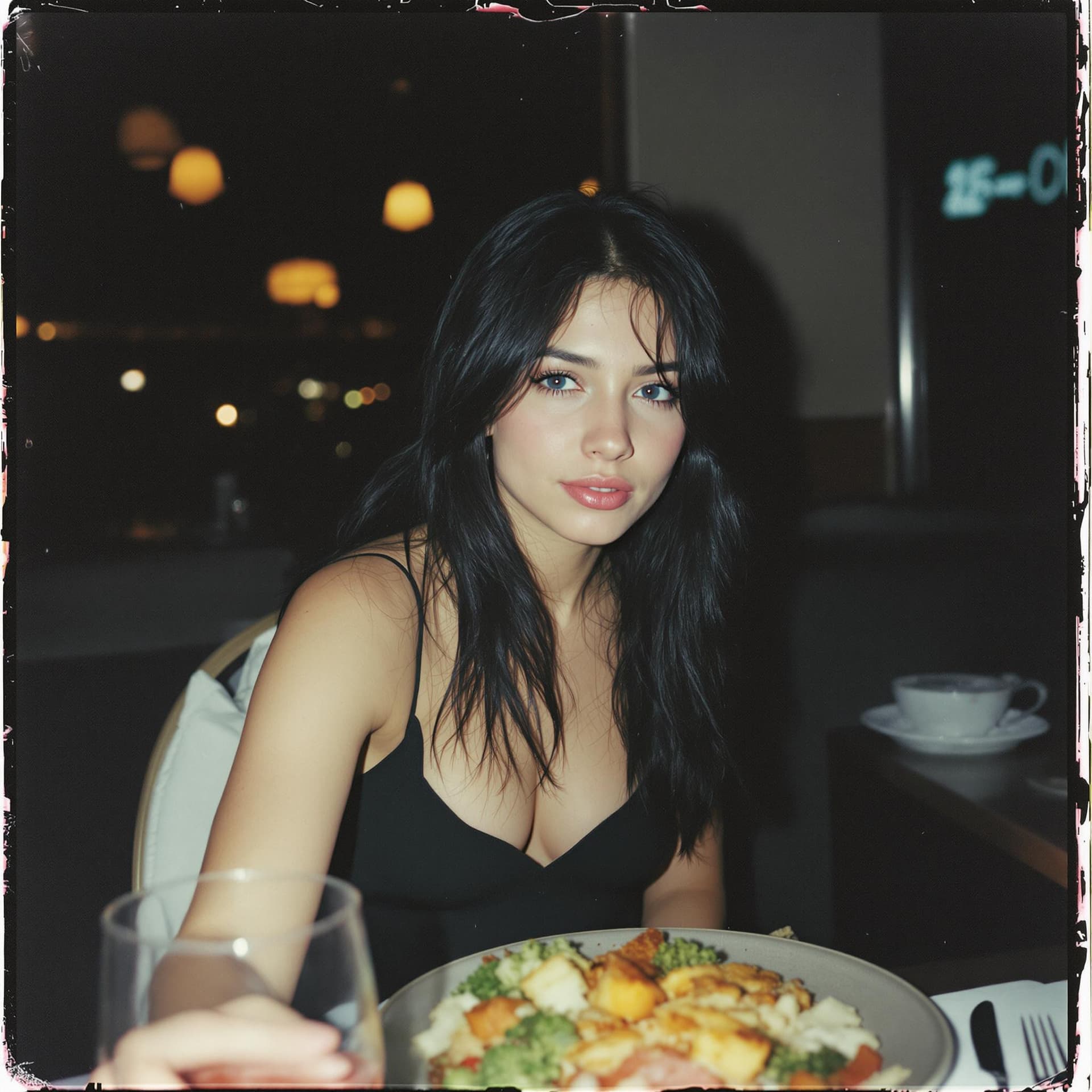 AI generated: 18-year-old woman, black hair, light blue eyes, tanned white skin, thin body, and light makeup. She'...