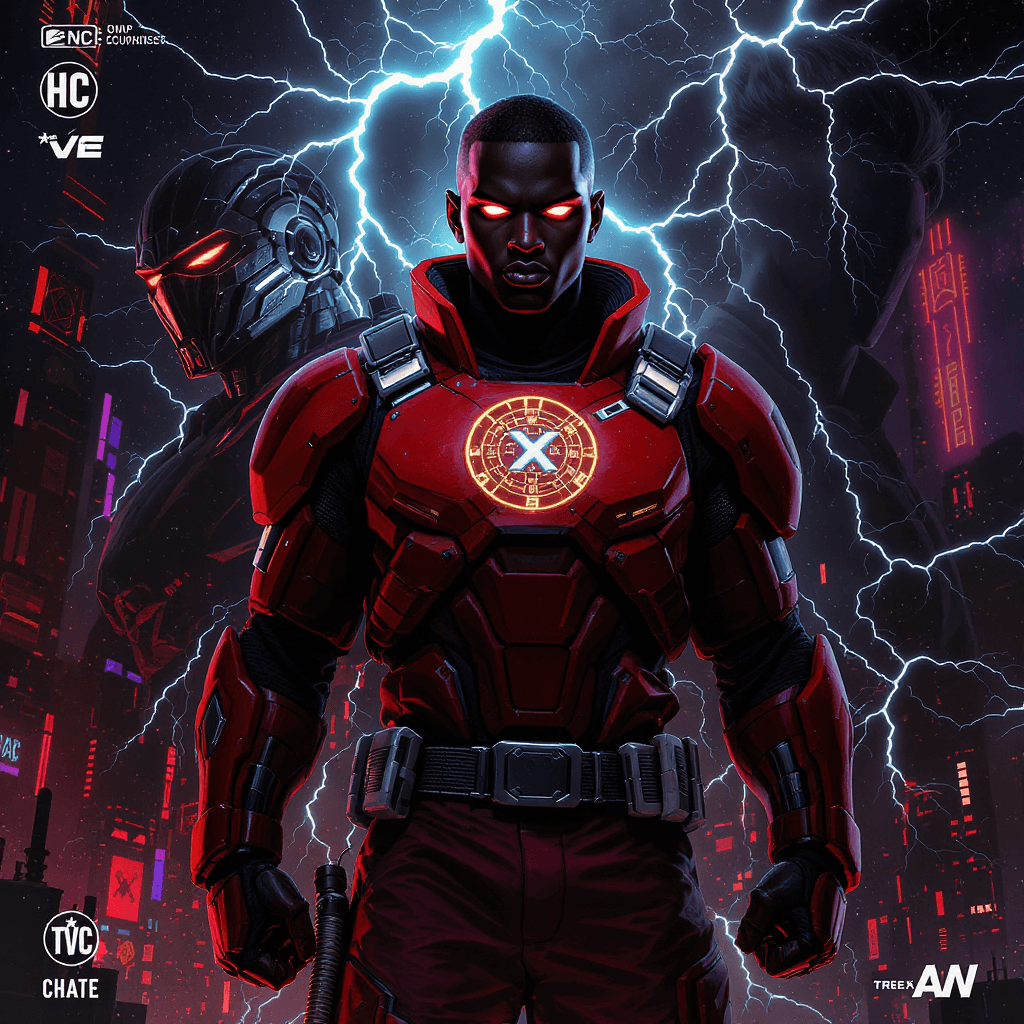 AI generated: A futuristic African teen hero stands confidently at the center of the cover. He is around 15 years ...