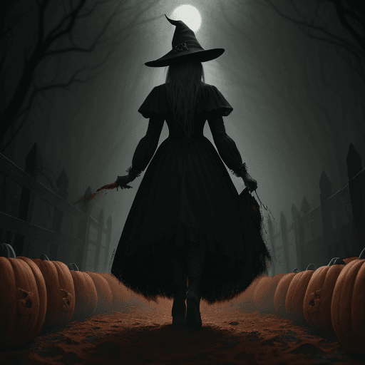 AI generated: the haunting image of a witch with a deathly sense of style, walking out of a trail, amidst countles...
