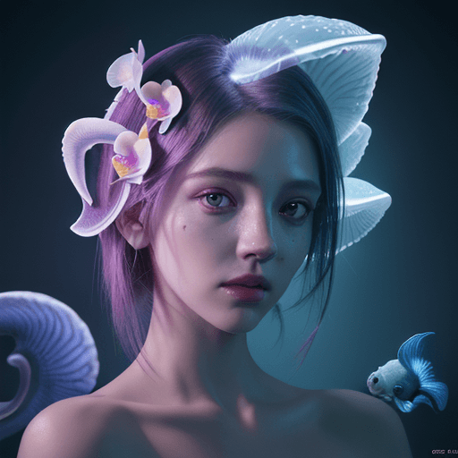 AI generated: Goddess close-up portrait ribcagel. jellyfish phoenix head, nautilus, orchid, skull, betta fish, bio...