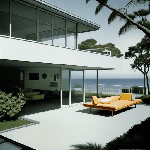 AI generated: Hyper realistic eye level exterior photo of a mid century modern style house overlooking the ocean, ...