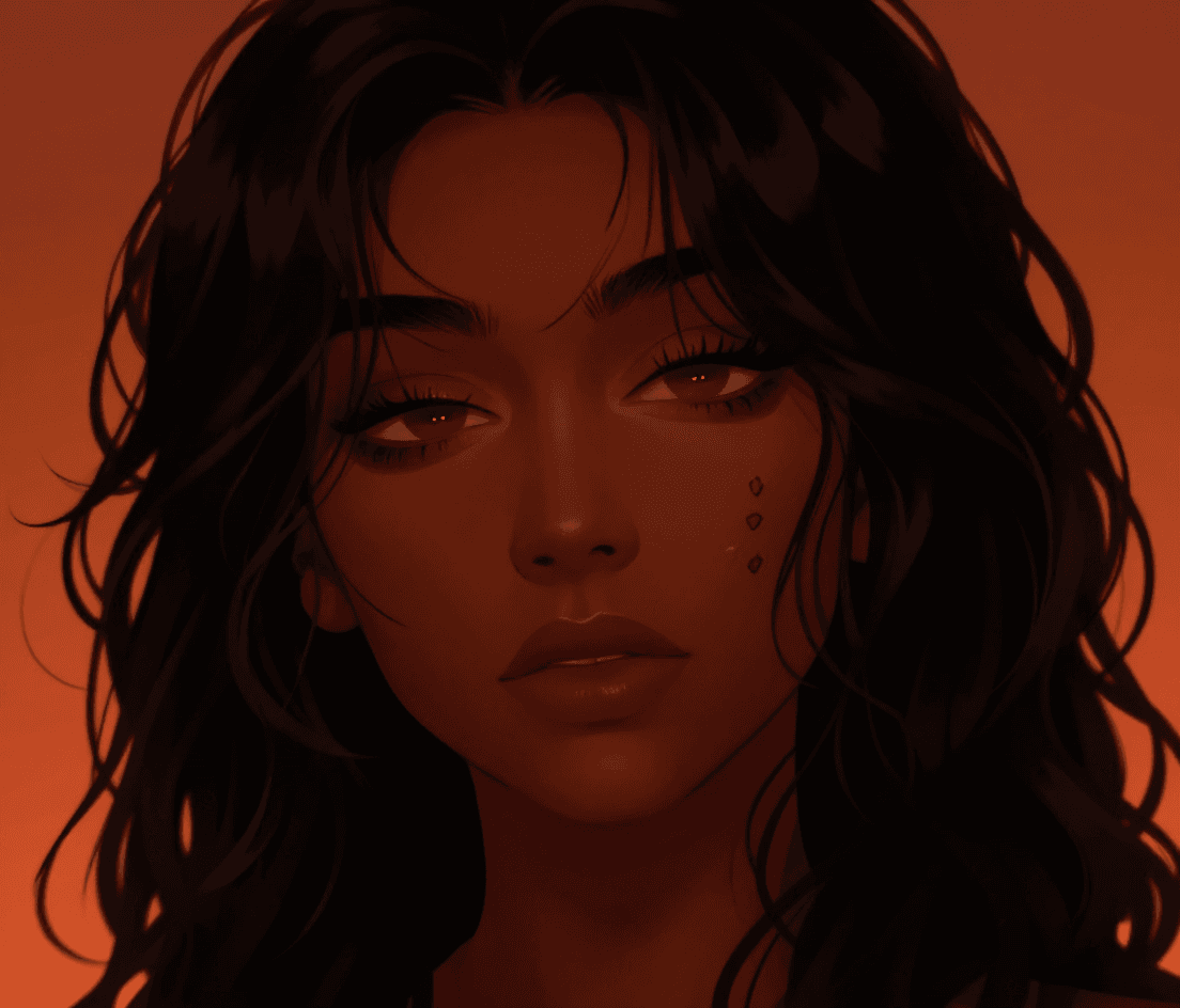 AI generated: Mid journey art style A dark skin female with long dark brown curly hair with a bang on the right si...