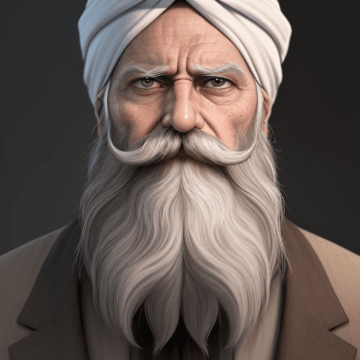 AI generated: The image features an older man, a long white beard and mustache, wearing turban, He has a stern exp...