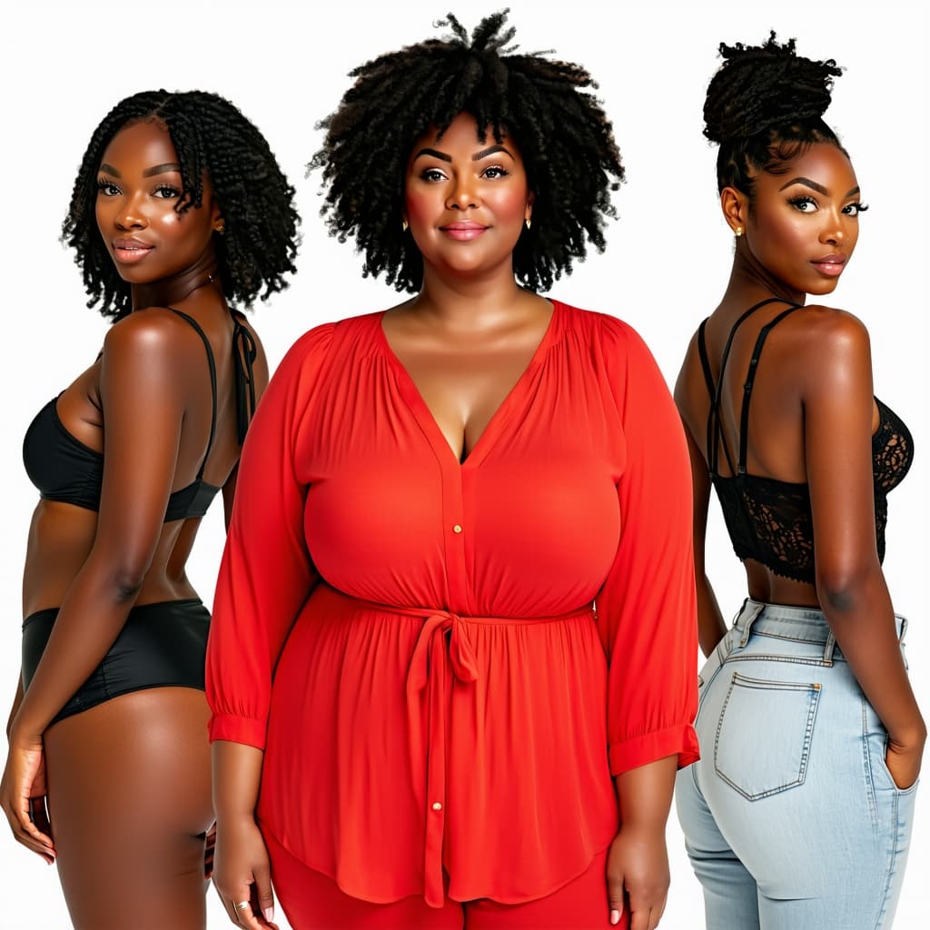 AI generated: Tall African American confident woman with macromastia, whose physical features, including her volup...