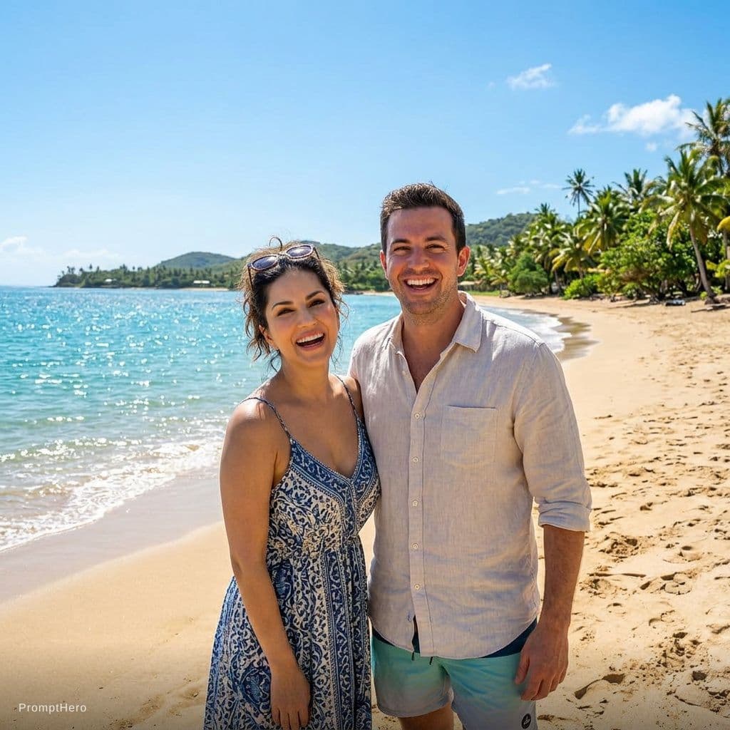 AI generated: with sunny leoneat a tropical beach, sunny day, both smiling
