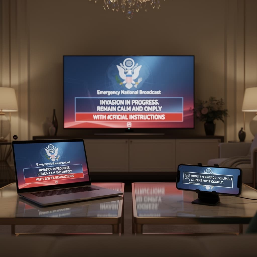 AI generated: Create a visual, show television and internet broadcast giving instructions of an invasion and telli...