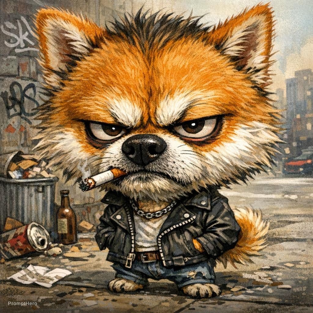 AI generated: funny caricature, grumpy urban Shiba dog, male, 7 years old, scruffy, streetwise, annoyed, small dog...