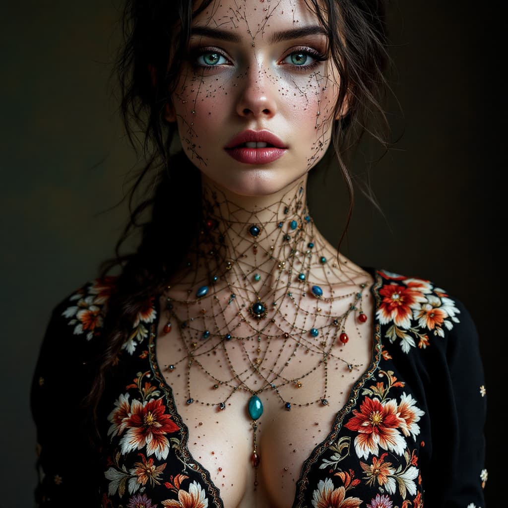 AI generated: the whole face, shoulders and chest are pierced with openwork threads in the style of Ukrainian nati...