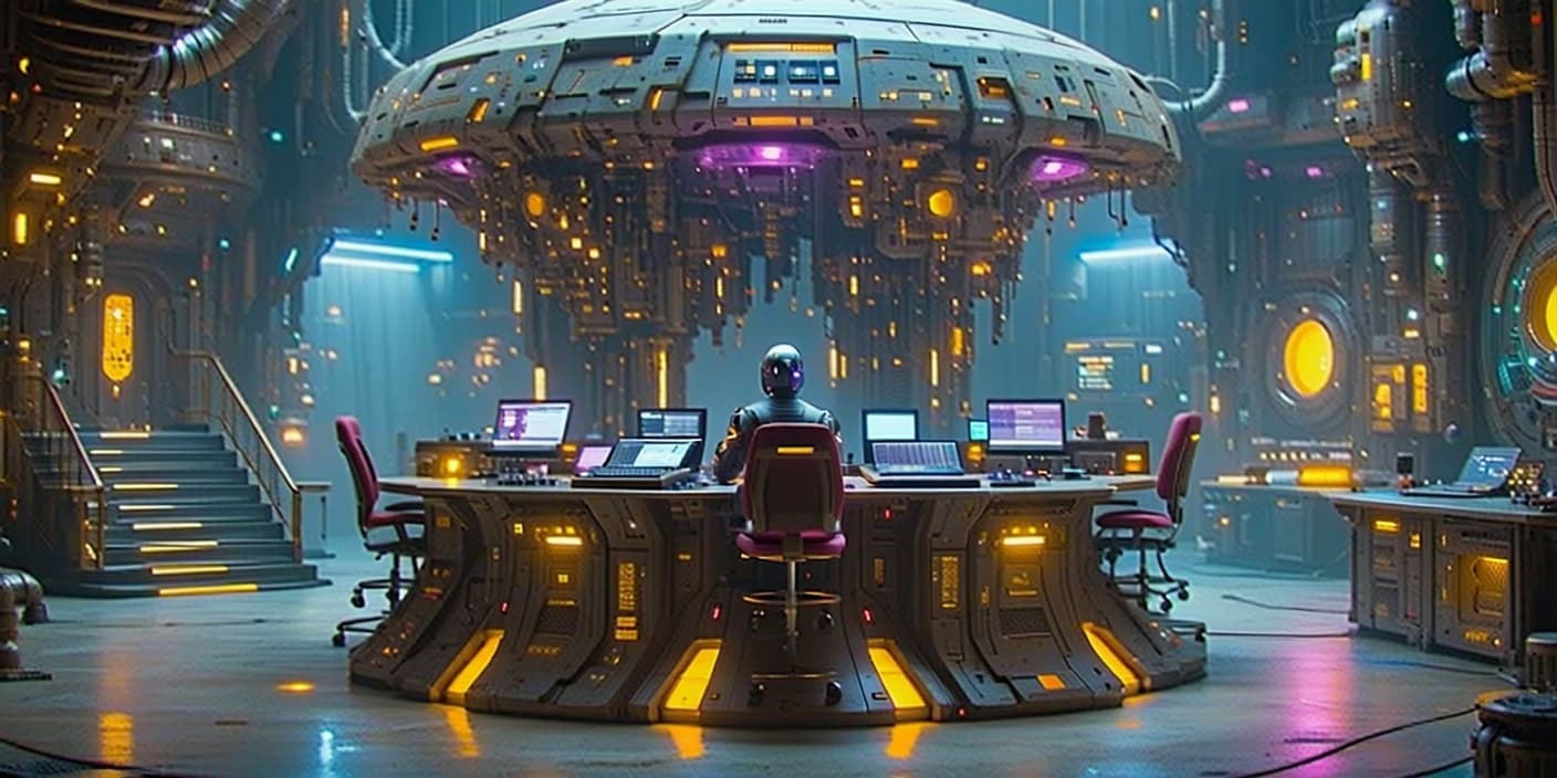 AI generated: Futuristic TAGG DJ command booth inside alien nightclub, massive elevated armored metallic platform ...