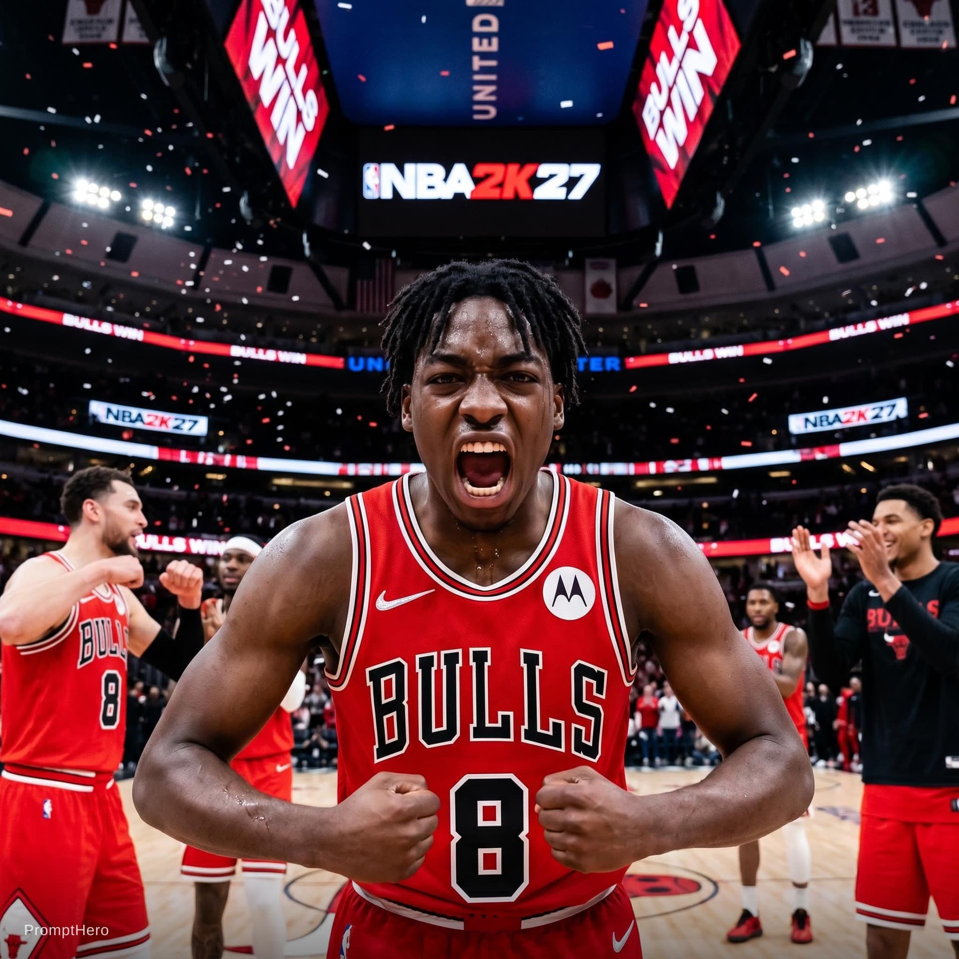 AI generated:   NBA2K27 Trailer in Chicago Bulls screaming while flexing 