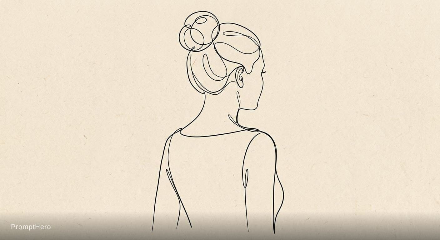 AI generated: A minimalist line drawing on a light beige background, depicting the upper body of a woman facing aw...