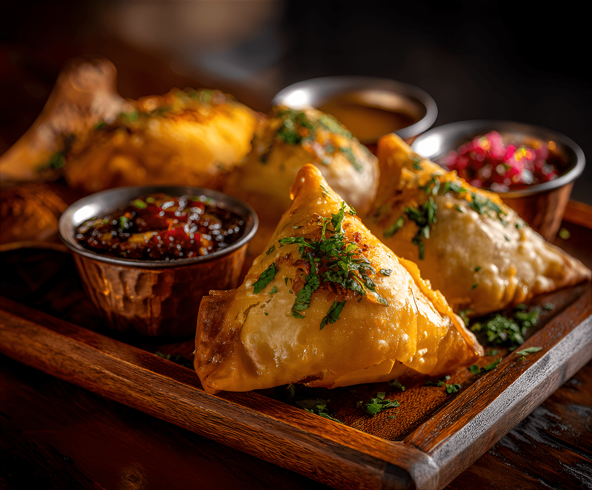 AI generated: Several golden-brown, triangular samosas are arranged on a wooden platter.  The samosas are topped w...