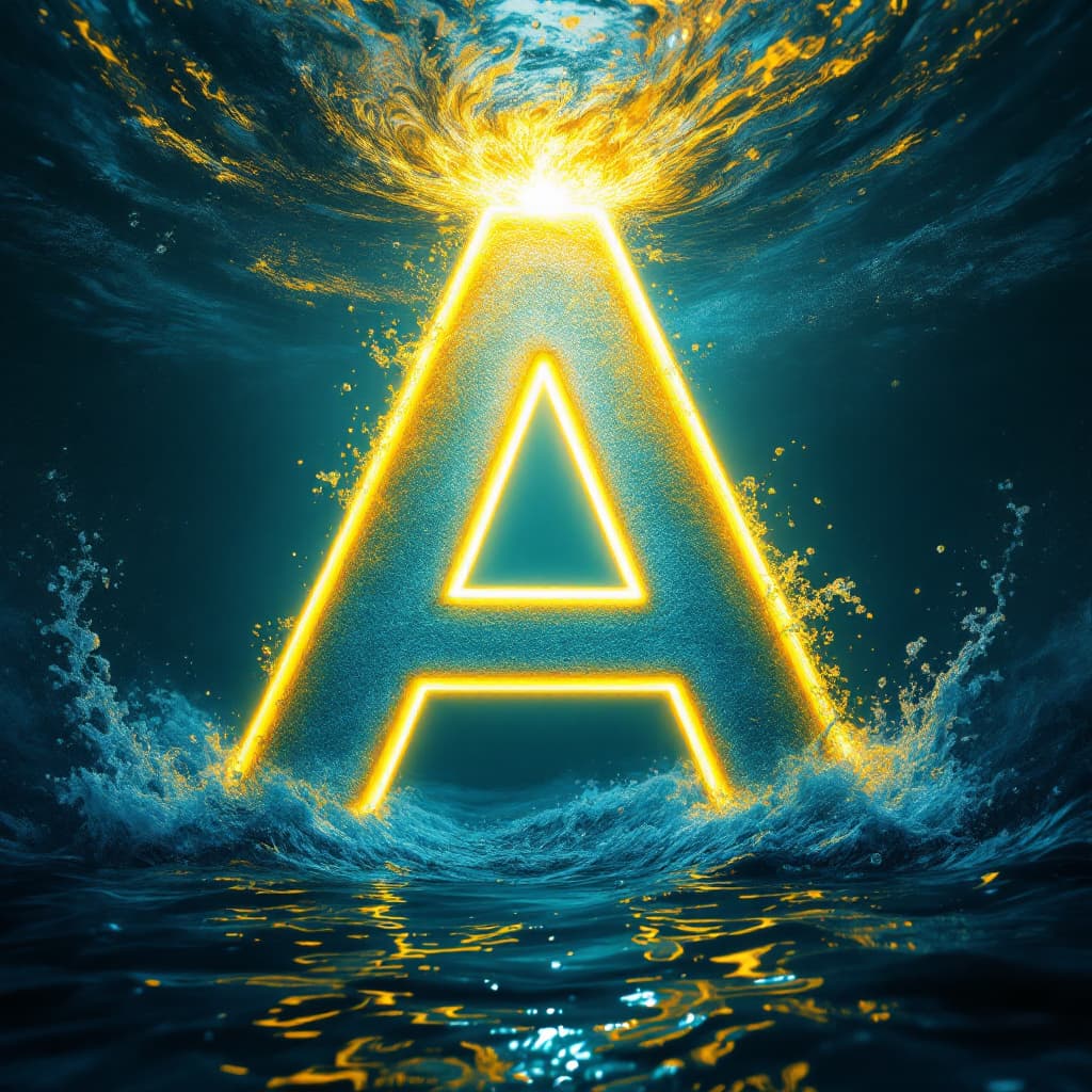 AI generated: 3D render of the letter [A], periwinkle and canary yellow color blend, under the water, swirling wat...