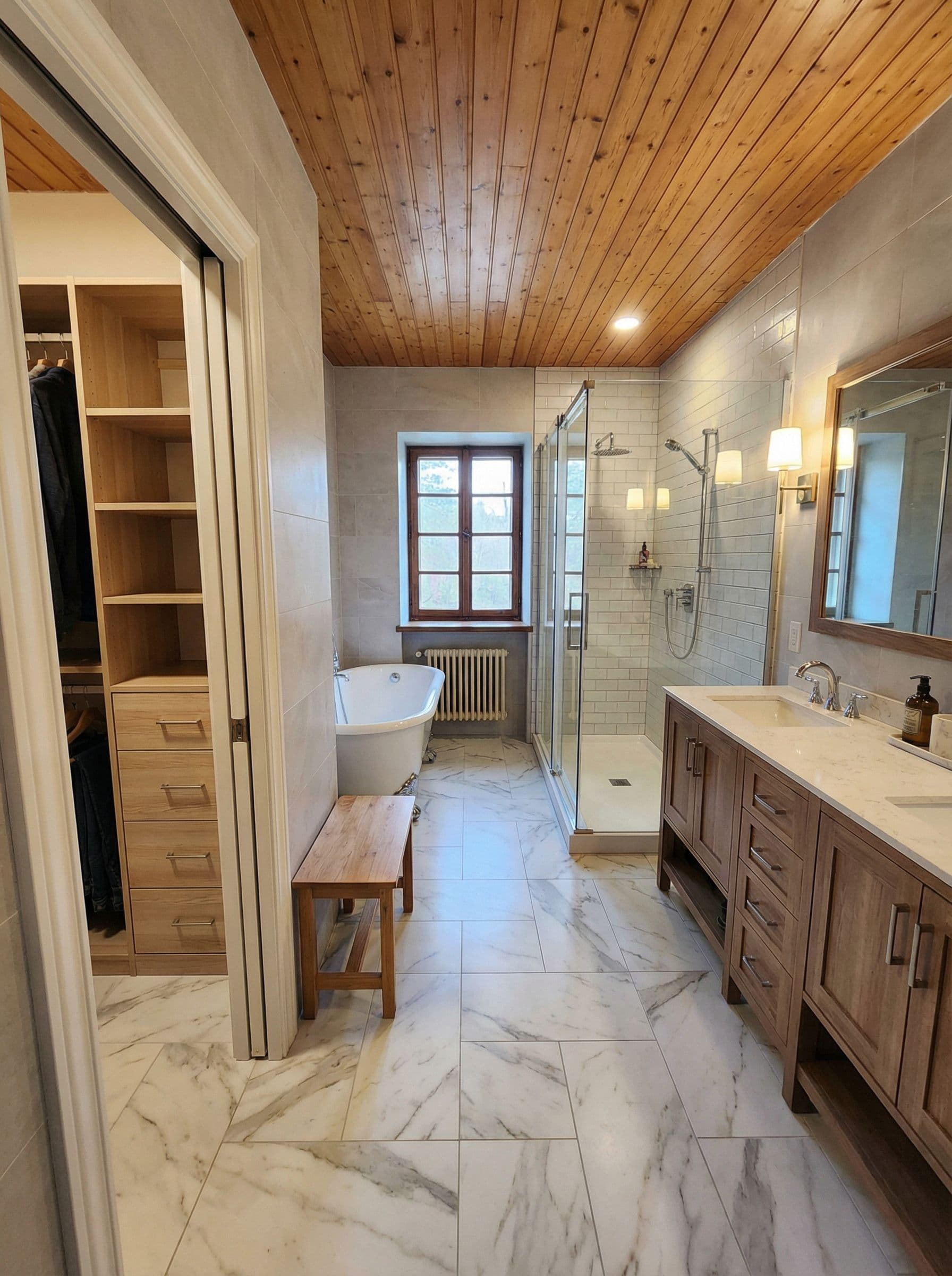 AI generated: convierte esta habitacion en un bano con un pequeno vestidor antes. el bano tiene que tener banera y...