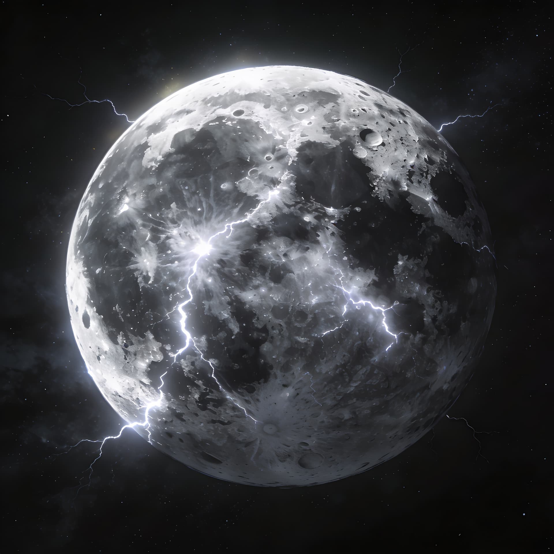 AI generated: a grey, White and black moon that has white lightning storms covering its surface with that likes li...