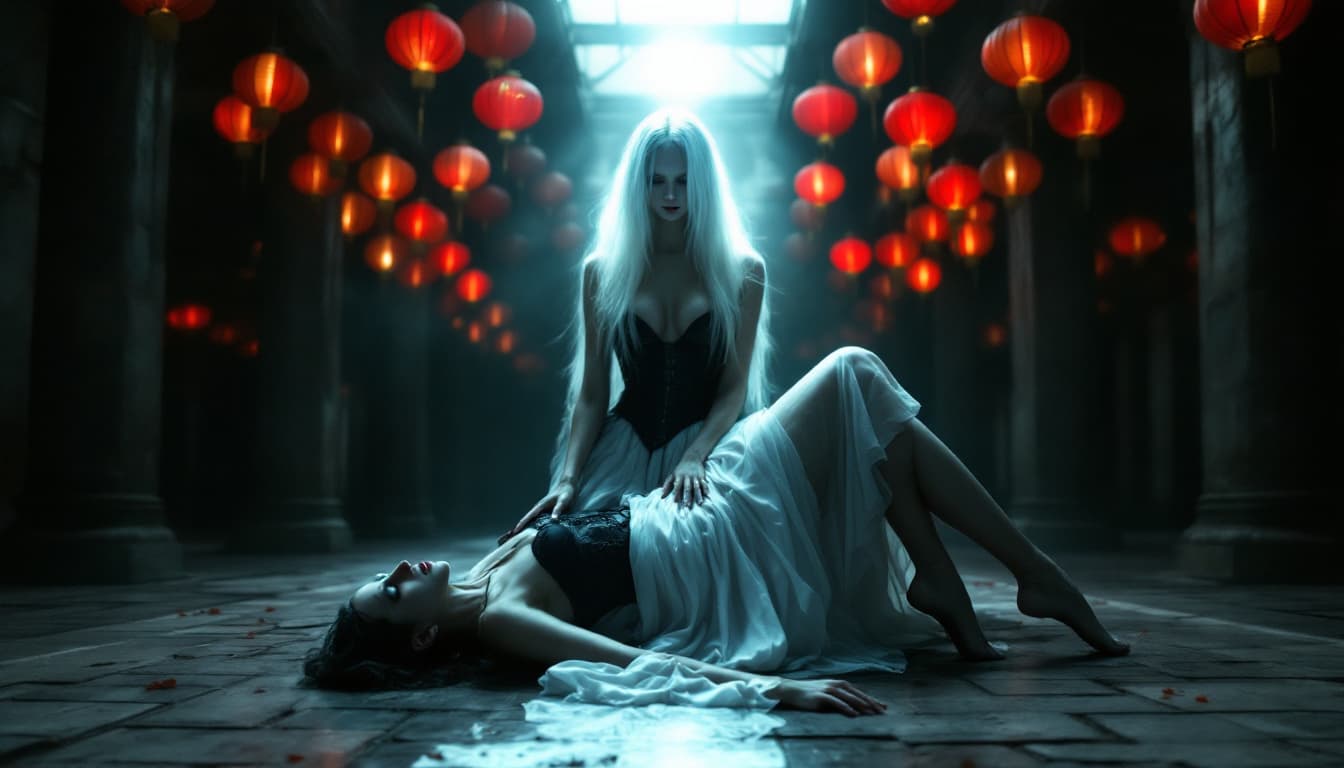 AI generated: The image depicts a woman straddling a person, with a figure hovering above them. The woman has long...