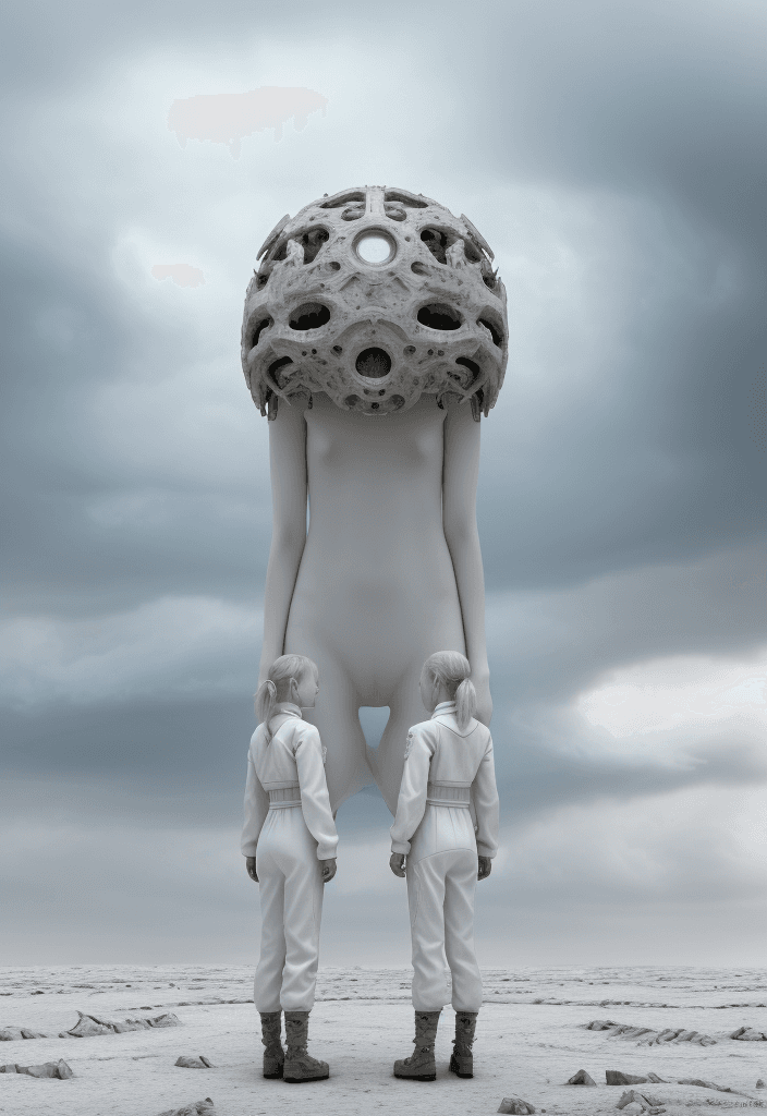 AI generated: two albino twins, a male and a female they are dressed in white clothes and stand in an open landsca...