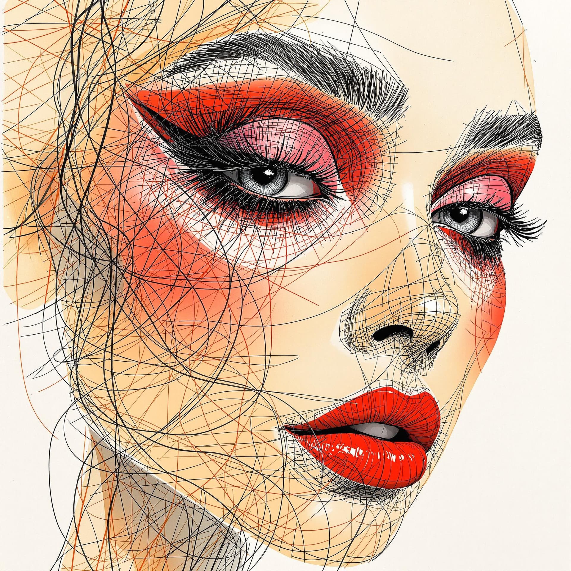 AI generated: a drawing of a woman's face with a red eyeshadow, in the style of bold colorful lines, dark beige an...