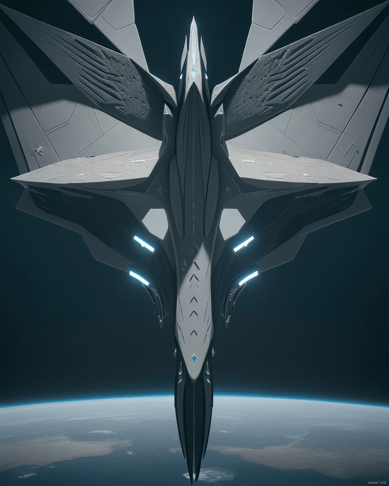 AI generated: eagle ray shaped space ship with curved wings,spikes along centered spine, long intricate tail.intri...