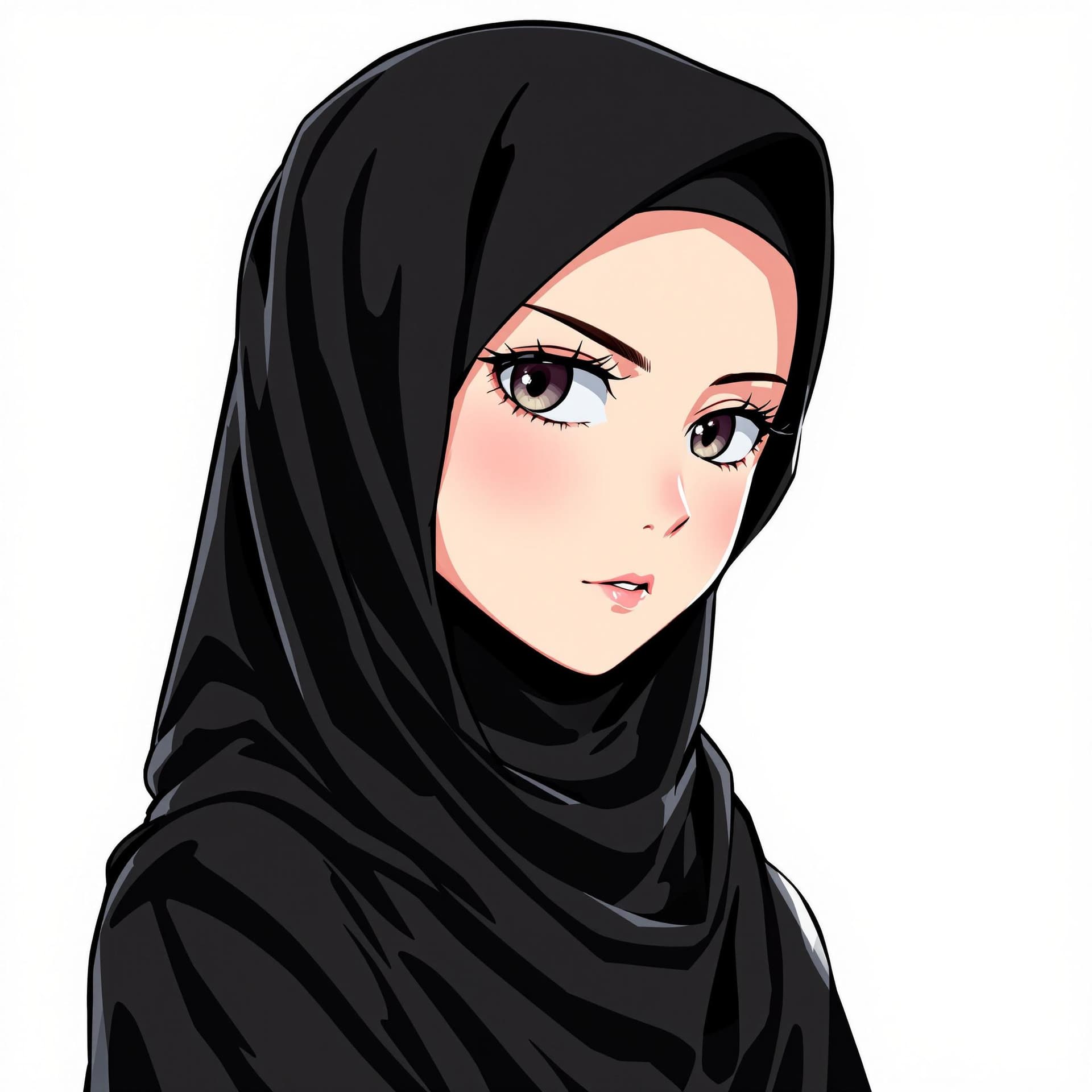 AI generated: manga anime, upper body, wearing a black hijab with the covering face like a Arabian woman in black ...