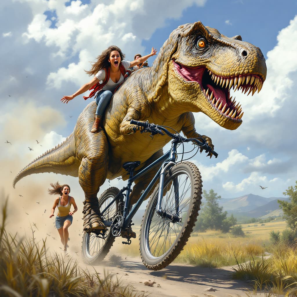 AI generated: Highly realistic Tyrannosaurus rex riding a bike, detailed people running away screaming 
