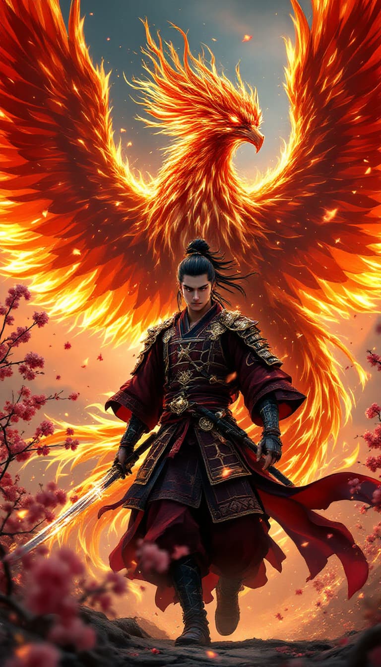 AI generated: An ultra-realistic, zoomed out full-body portrait of a regal young Japanese samurai with long black ...