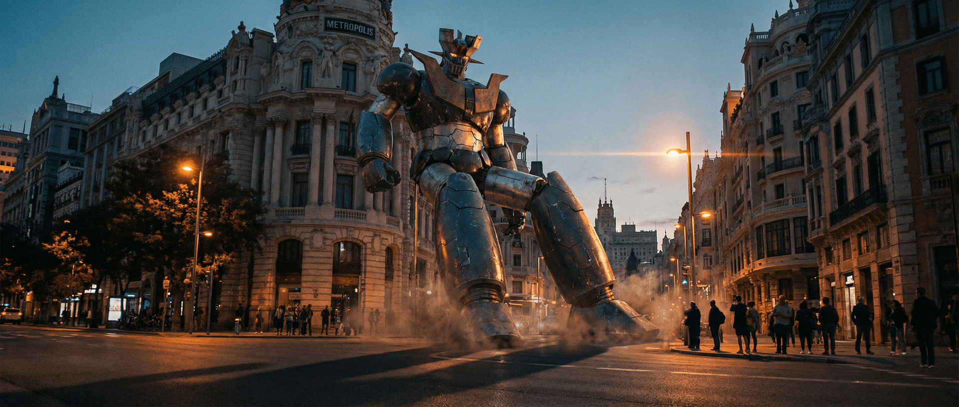 AI generated: Generate an ultra-realistic image of Mazinger Z, colossal metallic robot, leaning against a classic ...