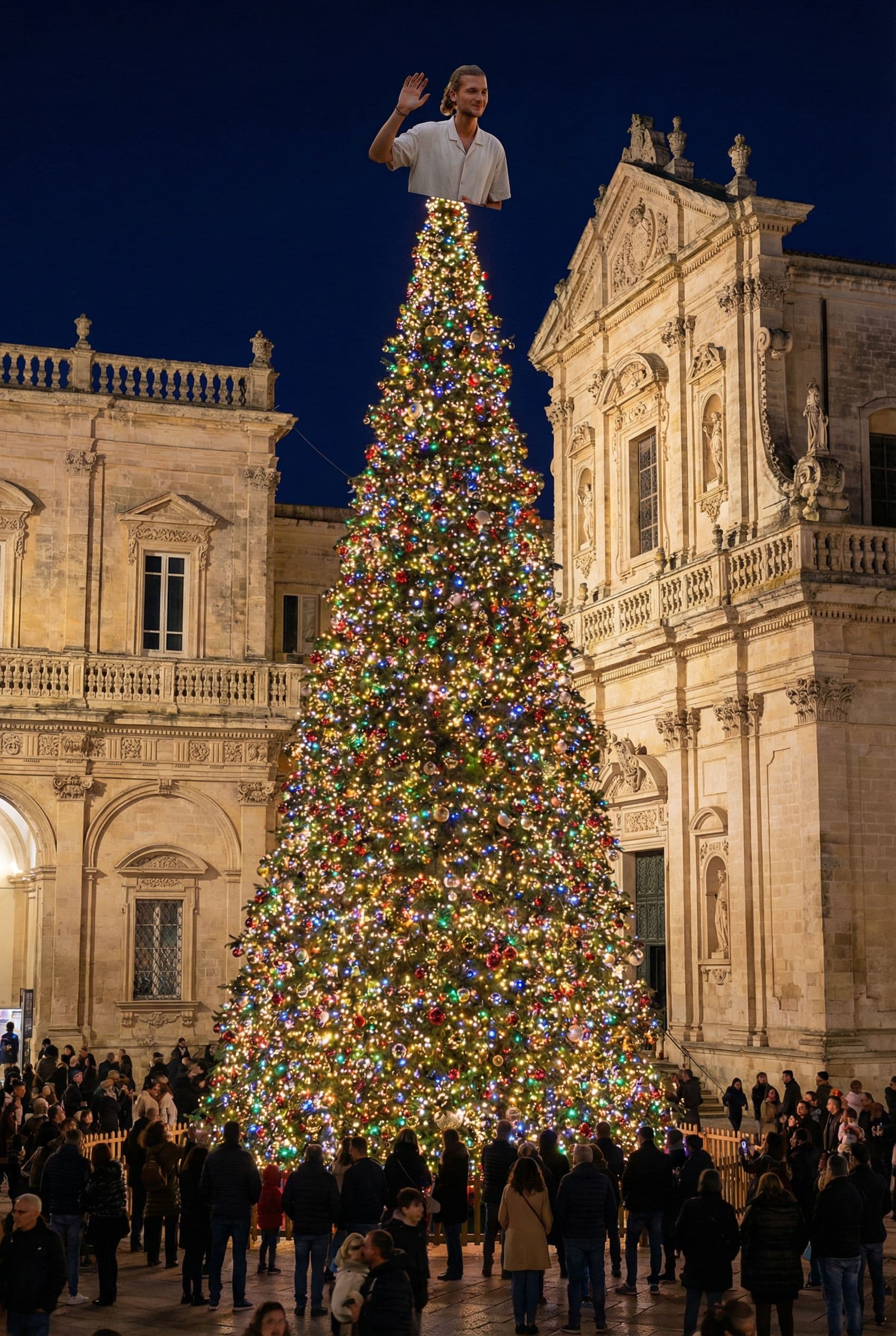 AI generated: create an image of a huge christmas tree in lecce city with me on the top instead of the star

