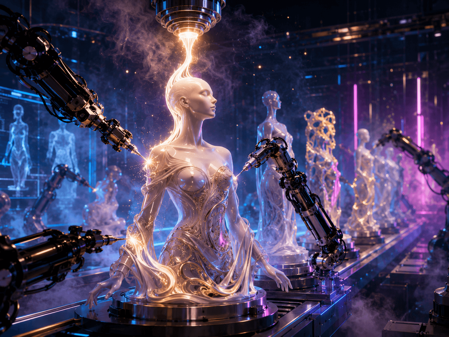 AI generated: A modern surreal editorial illustration of an abstract humanoid sculpture being assembled on a sleek...