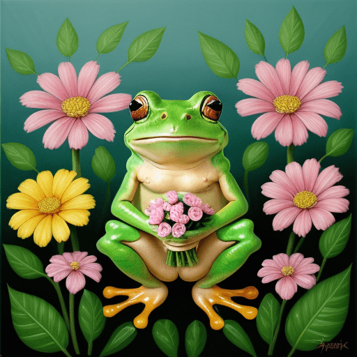 AI generated: A cartoon Frog holding a bunch of flowers frog amphibian painting