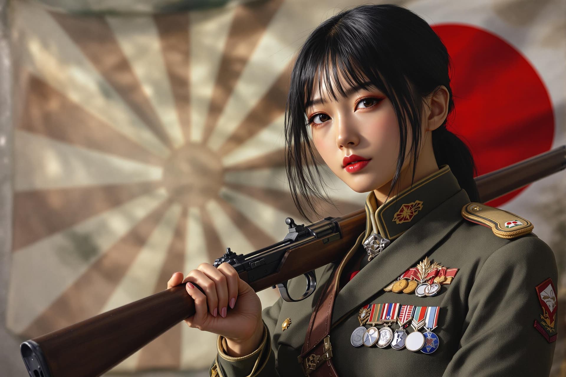 AI generated: Paint a beautiful japanese army girl,black hair,japanese empire ww2 officer uniform ,arisaka bolt ac...
