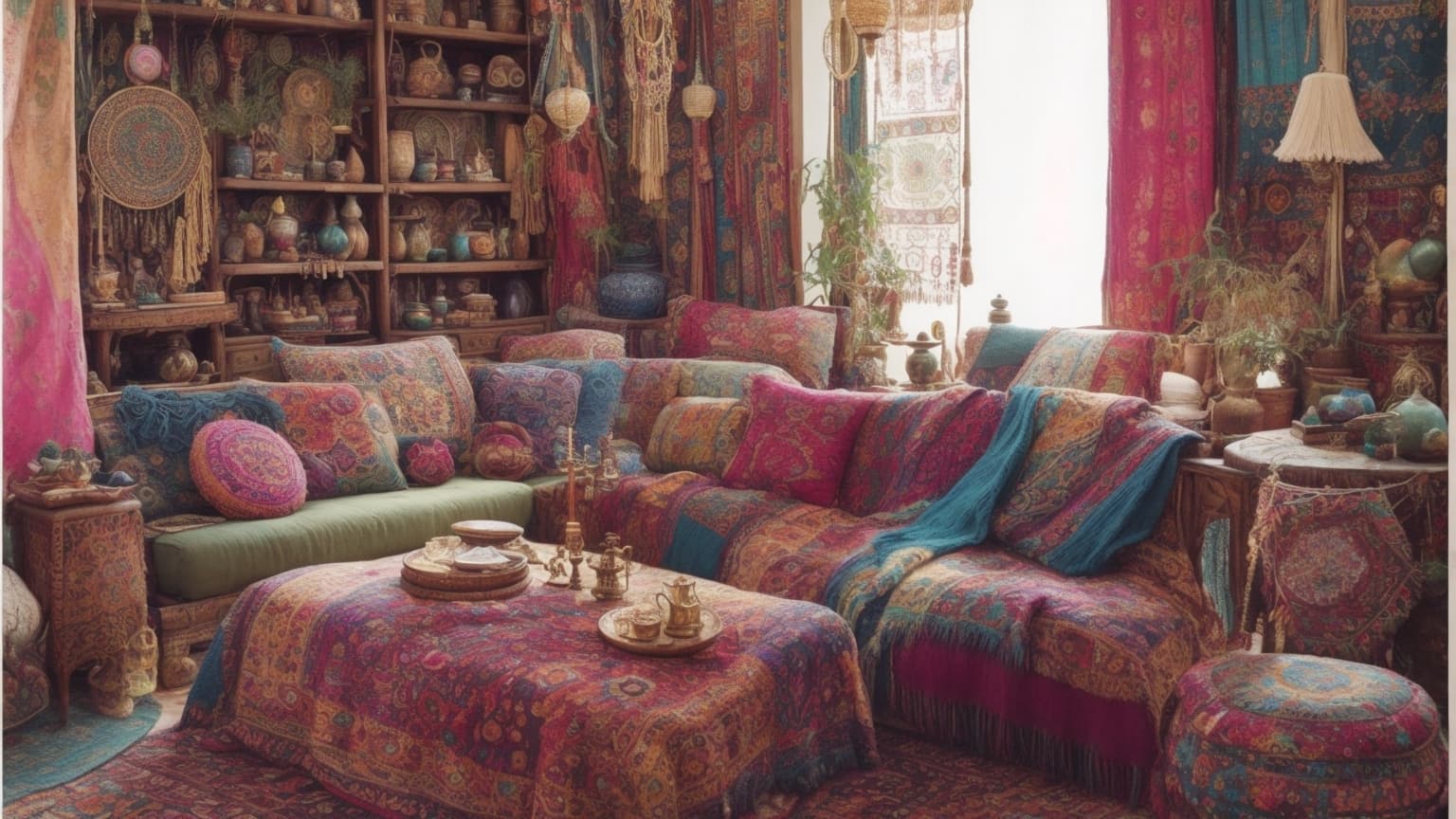 AI generated: Bohemian Rhapsody: A vibrant living room teeming with eclectic treasures, colorful tapestries adorni...
