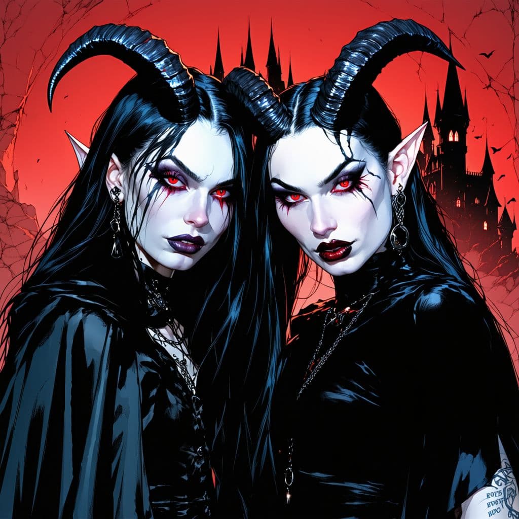 AI generated: Comic book cover, full body shot, bottom view, low angle of two young beautiful gorgeous supermodel ...