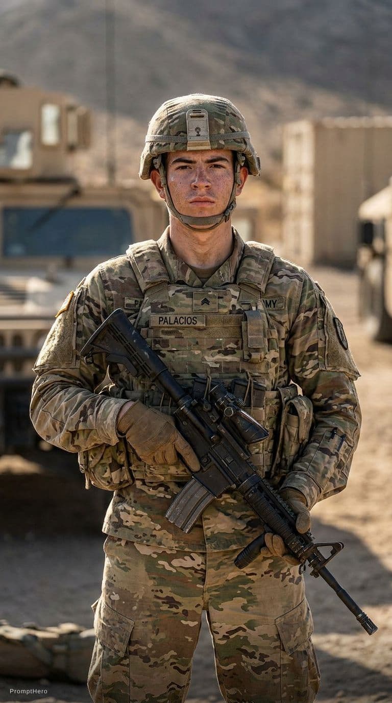 AI generated: ultra-realistic photo of a young male soldier, standing confidently, wearing modern U.S. Army combat...