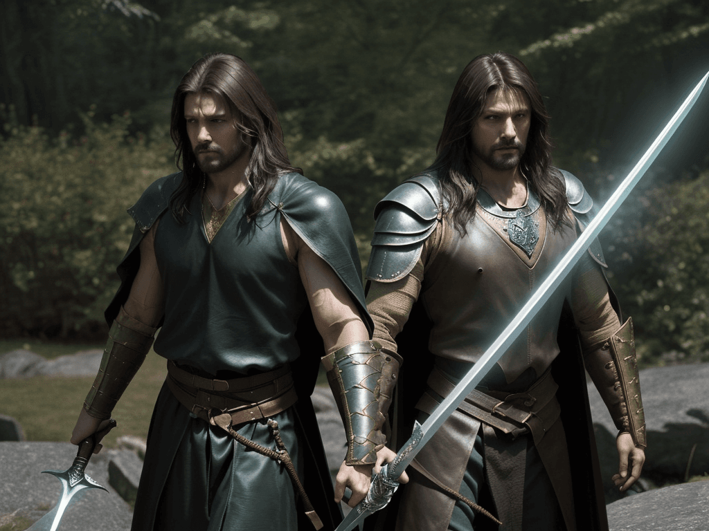 AI generated: a pivotal scene where King Arthur pulls the sword Excalibur from a stone. The man on the left has da...