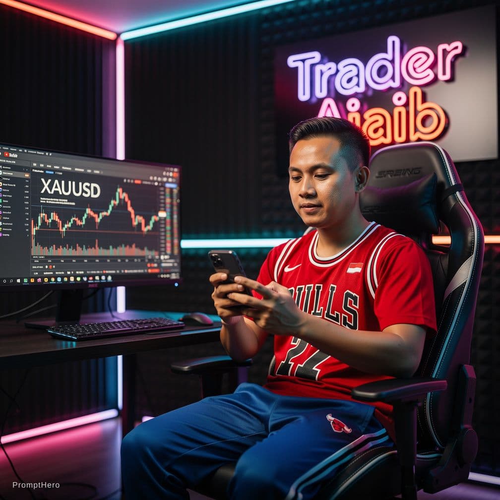 AI generated: an Indonesian man with short, neat hair wearing a red Chicago Bulls basketball shirt, blue track pan...