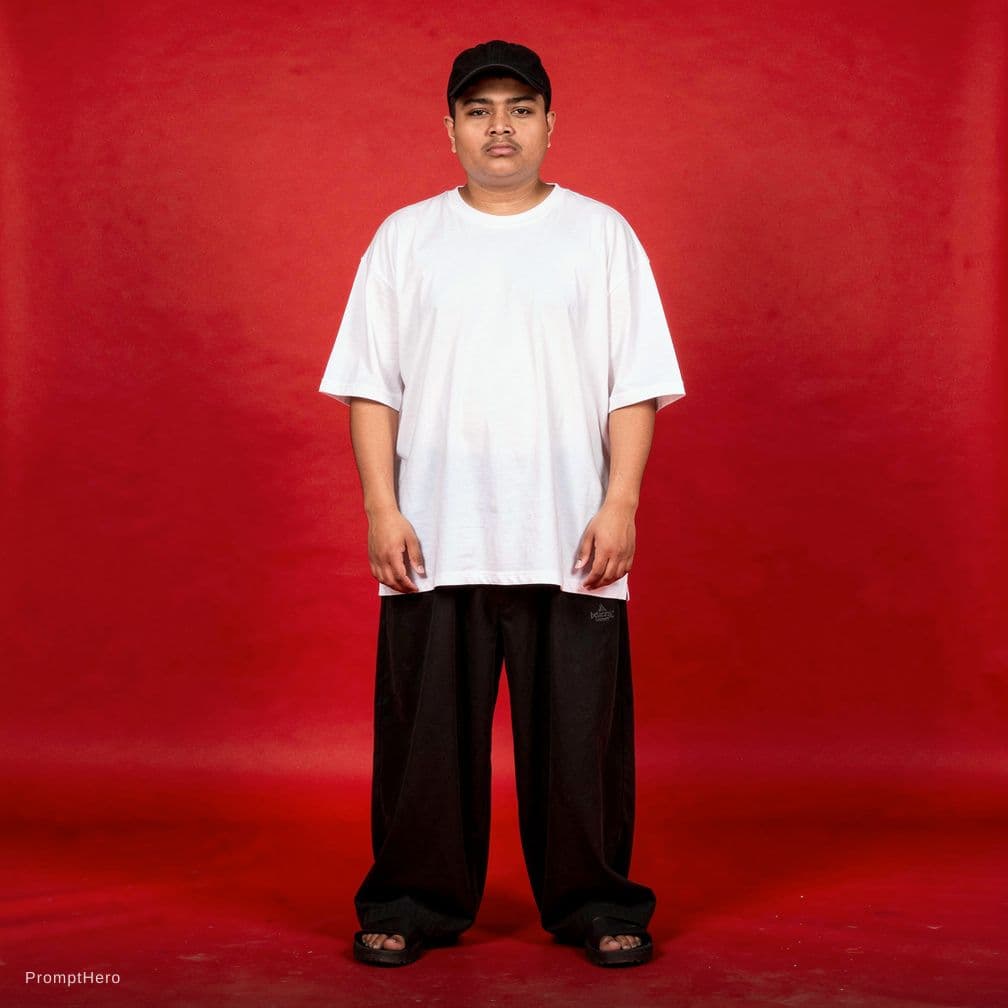 AI generated: capturing a casual yet stylish vibe, a figure in a loose, oversized black street wearing and wide-le...