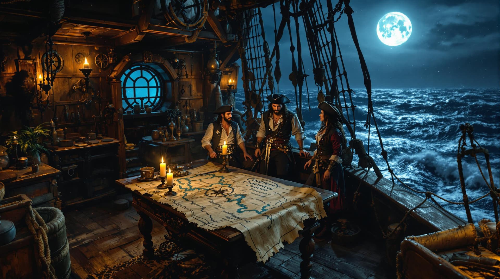 AI generated: a pirate ship in a rough sea, close up shot taken inside of the old, distressed, and ornate wooden p...
