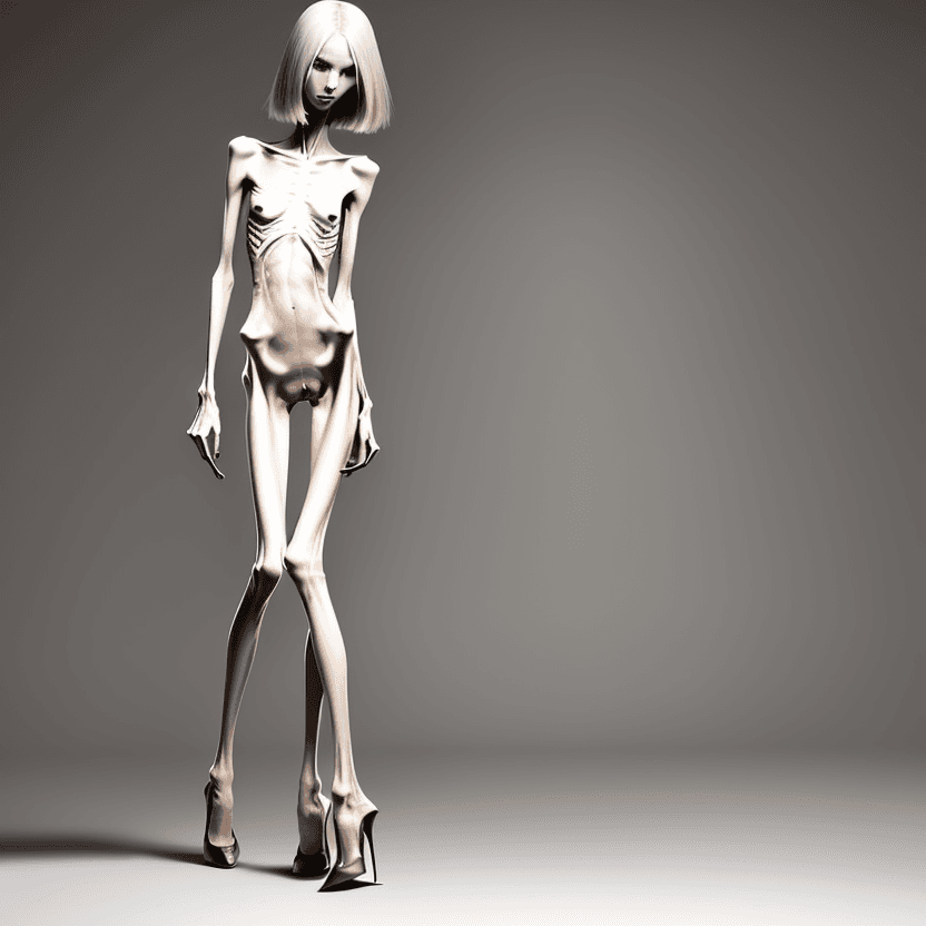 AI generated: naked very skinny anorexic legs in high heels, high heels, the tips of the shoes are very long towar...