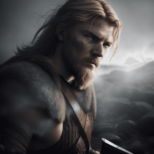 AI generated: Subject: A fierce viking warrior in the midst of battle Setting: A fog-covered, rocky battlefield wi...