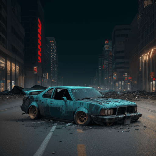 AI generated: a dead teal emoji made of metal, with cracks on the middle of a city center road, car parts thrown a...
