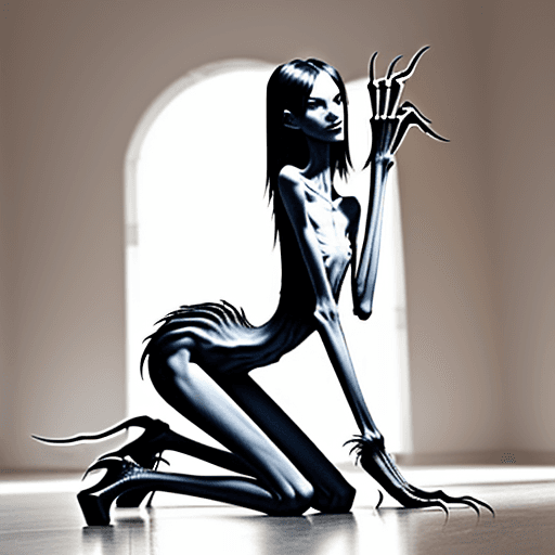 AI generated: very skinny slender girl, with long curved claws, skinny legs and long skinny calves in high heels a...