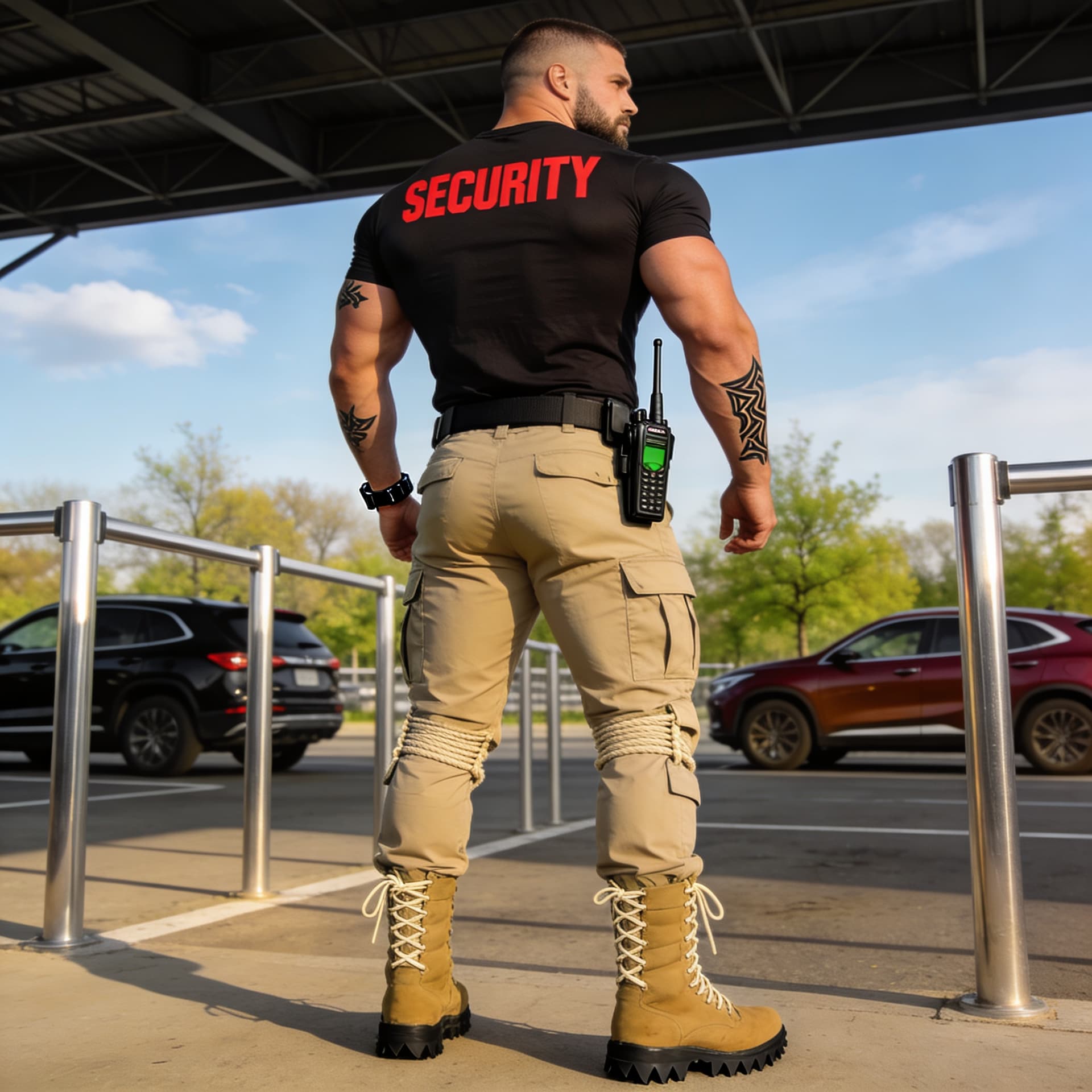 AI generated: Un homme musclé vu de dos, debout en posture large et assurée, agent de sécurité événementiel en ext...